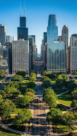 View of a city park with modern buildings and skyscrapers in the background.