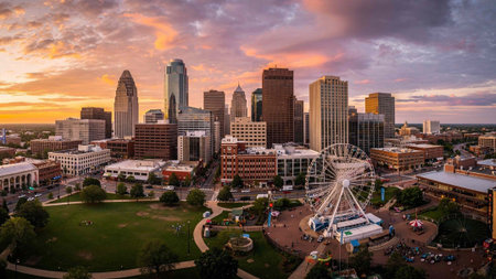 Denver, Colorado, USA downtown city skyline at sunset from above.