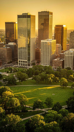 Denver skyline at sunset with urban skyscrapers and green trees.