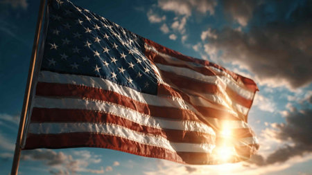 American flag waving against blue sky with sun rays. 3d rendering