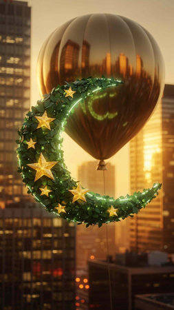 Green christmas wreath on a hot air balloon in the night city