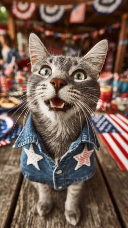 Cute cat in a denim jacket on the background of the American flag