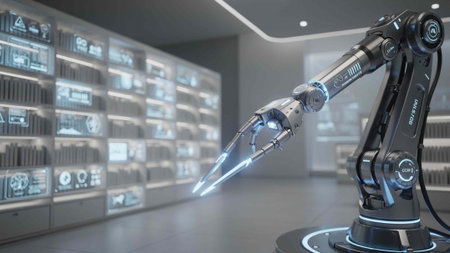 Robot hand on display in modern office. 3D rendering.