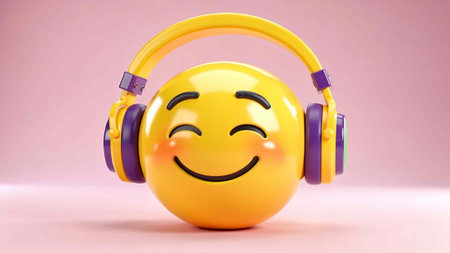 3D Illustration of a Yellow Smiley Headphones on Pink Background