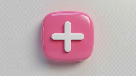 Pink square button with plus sign on transparent background. 3D rendering