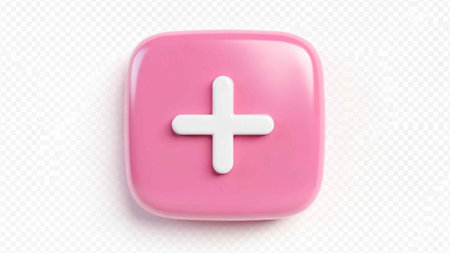 Realistic 3d Pink Button with Plus Sign Isolated on Transparent Background