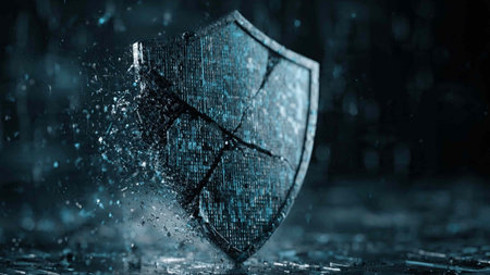 3d illustration of broken shield over blue background. cyber security concept
