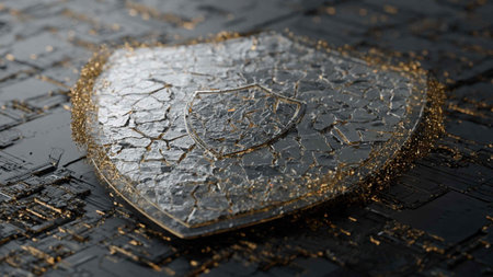 Cyber security concept. Shield with a shield on the motherboard.