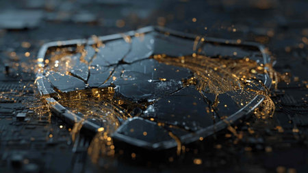 Close-up of broken shield on black background. 3D rendering