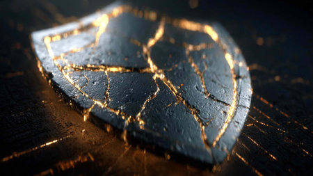 Broken shield on a dark background. Close-up. Selective focus.