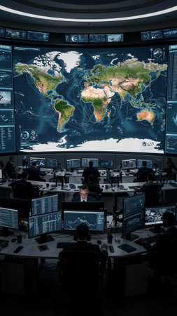 Security guards in surveillance room looking at monitors with map of the world
