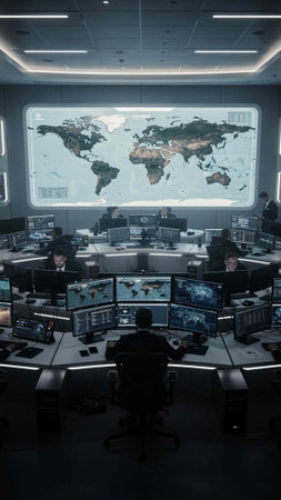 Group of business people working in modern office with computers and world map