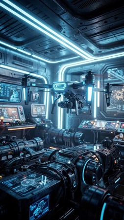 3D rendering of a spaceship interior with video cameras and other equipment