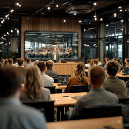 Business and entrepreneurship symposium. Speaker giving a talk at business meeting. Audience in conference hall. Rear view of unrecognized participant in audience.