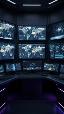 Interior view of a surveillance room with many monitors and screens.