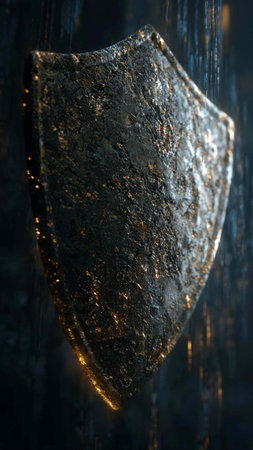 Old medieval shield on a dark background. Medieval weapon. Selective focus.