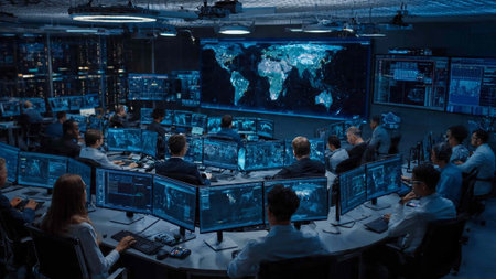 Group of business people using computers for financial data analysis in office.