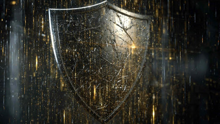 3d rendering of a metal shield on a dark background with a golden glow