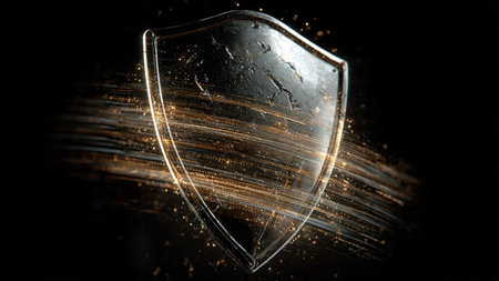 Shield with sparks on a black background. The concept of protection and security.