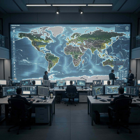 World map on computer screen in office interior. Global business concept.