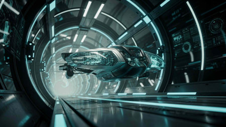 Futuristic spaceship flying in futuristic sci-fi tunnel 3D rendering