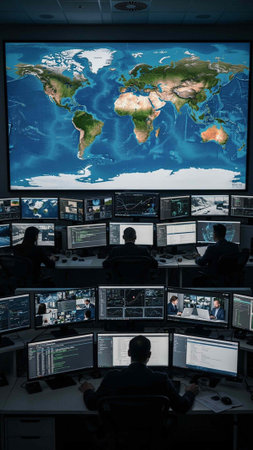 Security guards monitoring the world map on the monitors of a surveillance room