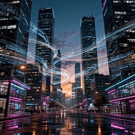 the light trails on the modern building background.