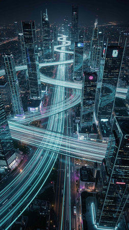 Highway and cityscape at night, Hong Kong, China.