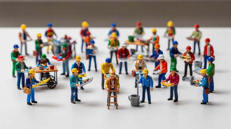 Miniature people : Construction worker with construction equipment on white background.