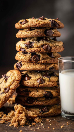 Chocolate chip cookies and a glass of milk on a dark background