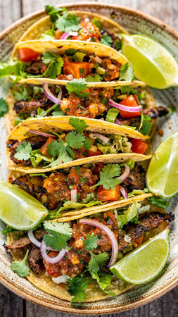Mexican tacos with beef, vegetables and cilantro on wooden background