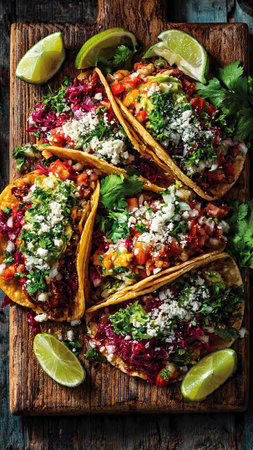 Mexican tacos with beef, vegetables and cheese on rustic wooden background