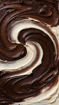 close up of a chocolate cream swirl on a white background, top view