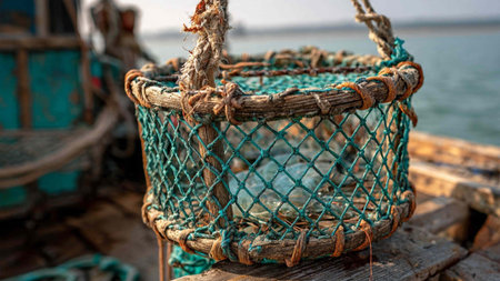 Fishing nets on a boat in the sea. Shallow depth of field.