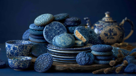Vintage ceramic tableware and crockery on a blue background