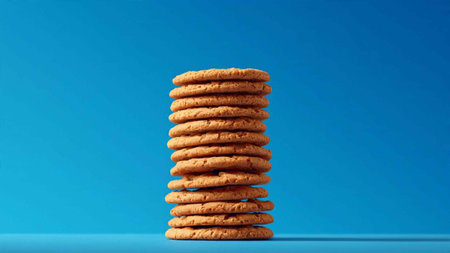 Stack of oatmeal cookies on a blue background with copy space.