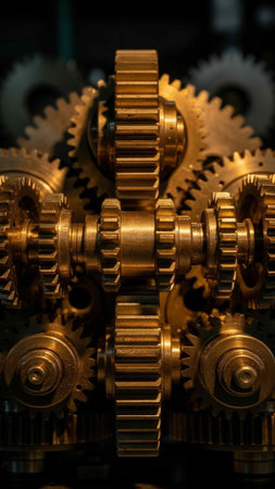 Close up of golden gears on black background. Selective focus.
