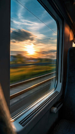 Train window with motion blur and sunlight in the evening. Abstract background.