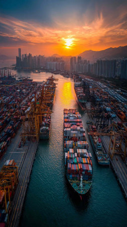 Aerial view of Hong Kong Container Cargo freight ship with working crane bridge at sunset.