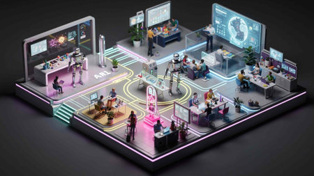 3d isometric illustration of people working in a data center.