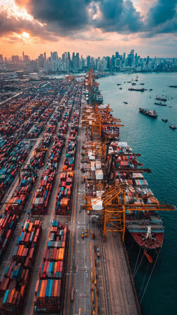 Aerial view of Container Cargo freight ship with working crane in shipyard at dusk for Logistic Import Export background