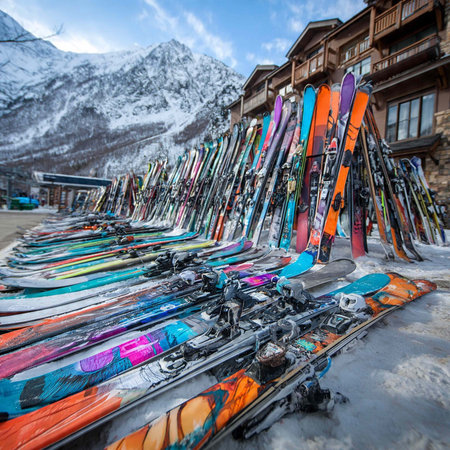 Group of skis for sale in the ski resort in the Alps