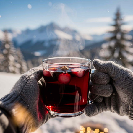Hands in gloves holding a glass of mulled wine on the background of winter mountains