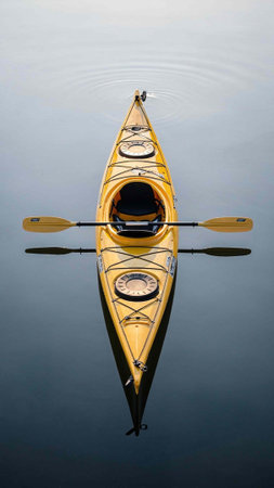 Yellow kayak on a calm lake, with reflection in water.