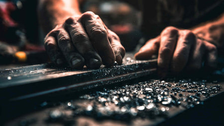 Close-up of a cobbler's hands working on metal