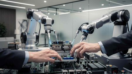 Close-up of young man and woman working on a robotic arms in the office