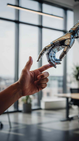 cropped shot of woman pointing with finger at robot arm in office