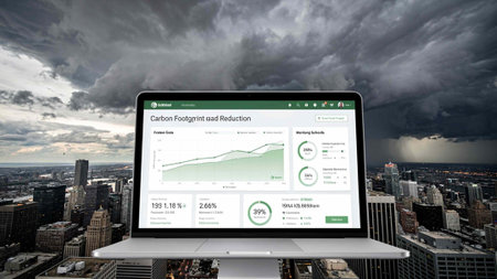 Digital composite of Weather app on laptop with cityscape and cloudy sky
