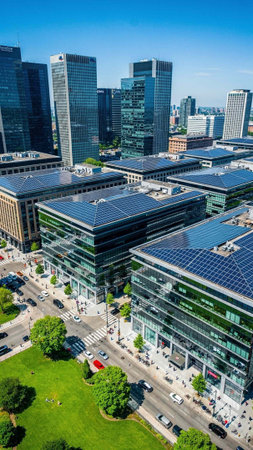 Aerial view of Frankfurt am Main with solar panels, Germany.