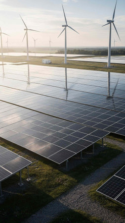 Photovoltaic panels and wind turbines in a solar power plant